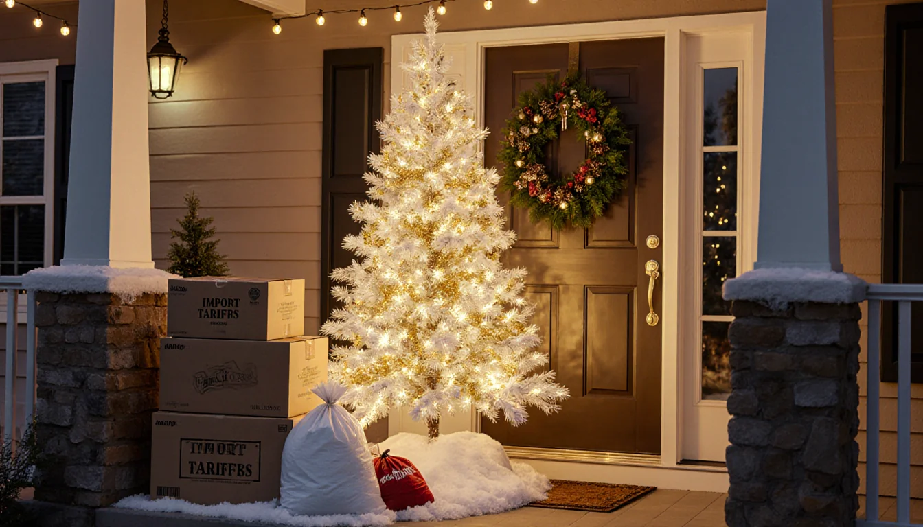 Artificial Christmas tree standing tall with fake snow bags and boxes labeled import tariffs near golden porch lights