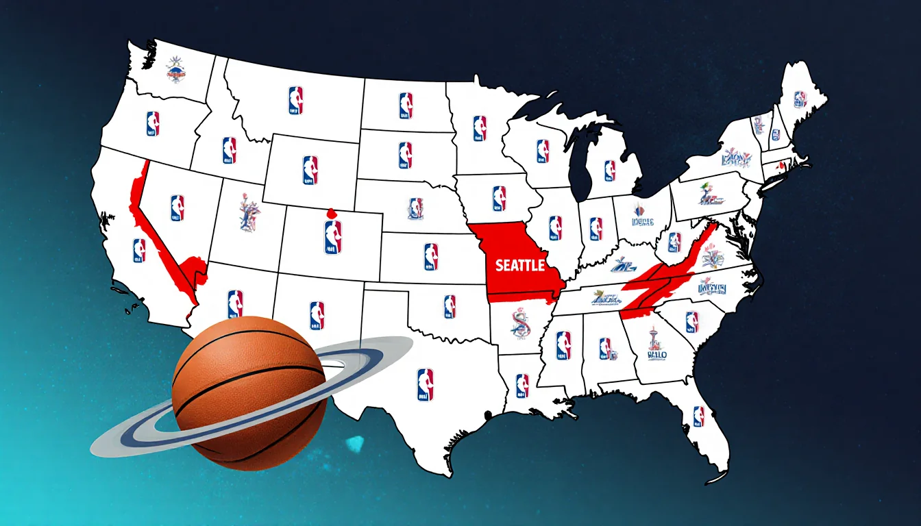 Abstract US map displays bold red lines linking Las Vegas and Seattle while a basketball orbits them against a background.