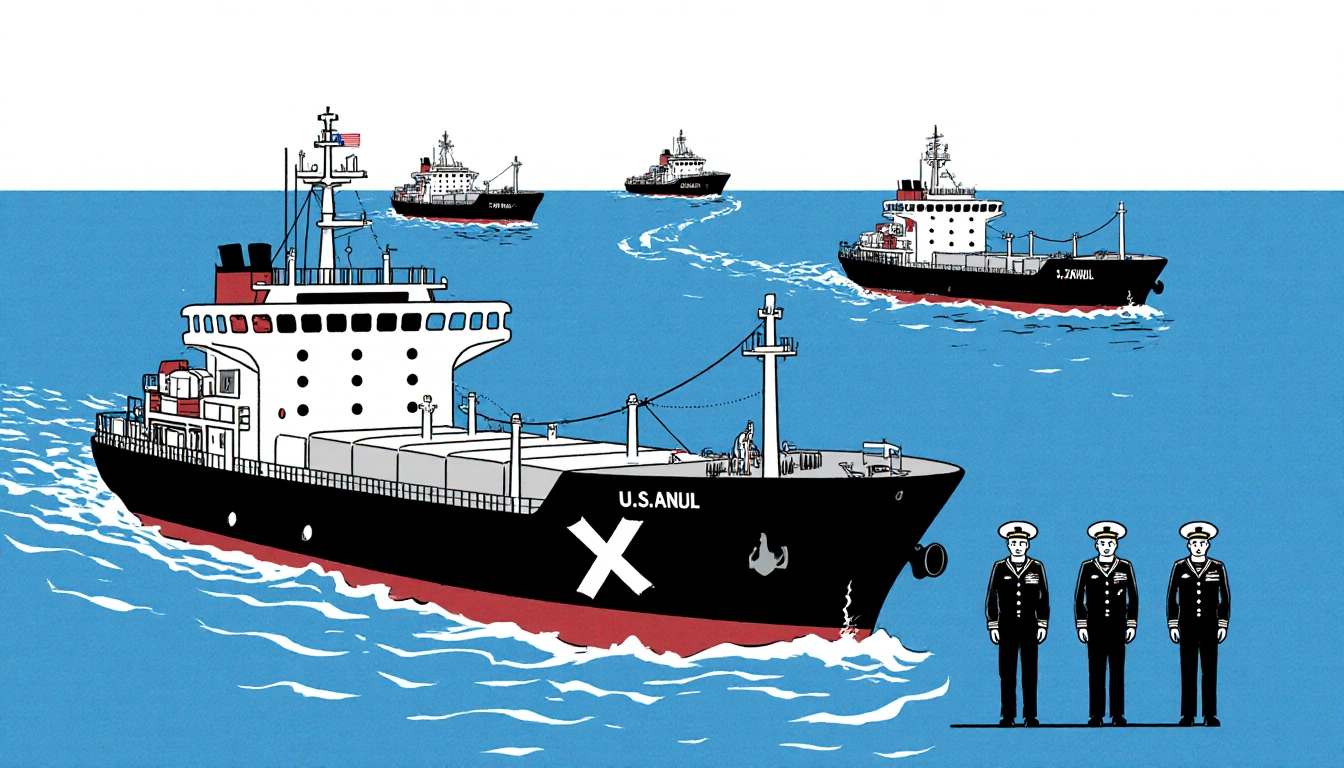 US naval vessel alongside a seized tanker marked with X and American sailors with coast guard enforcing blockade on tankers
