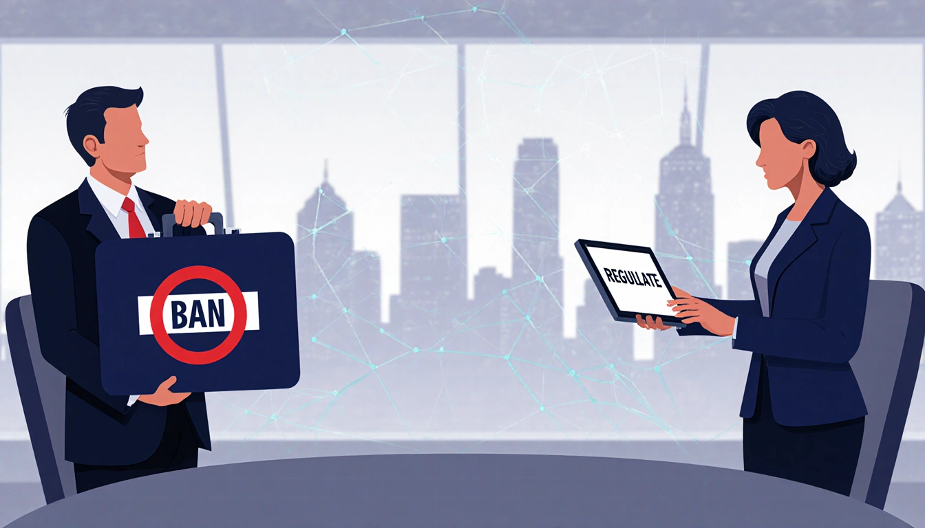 Republican holds briefcase labeled Ban while Democrat holds tablet labeled Regulate amid AI technology debate in politics