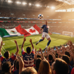 Fans cheering with a soaring soccer ball above a sunset‑lit field with Mexico and Canada flags