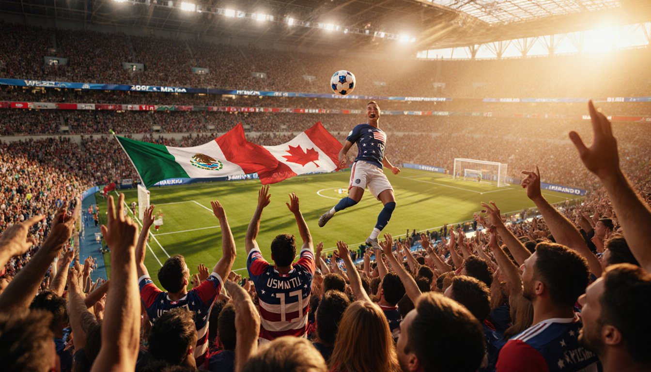 Fans cheering with a soaring soccer ball above a sunset‑lit field with Mexico and Canada flags