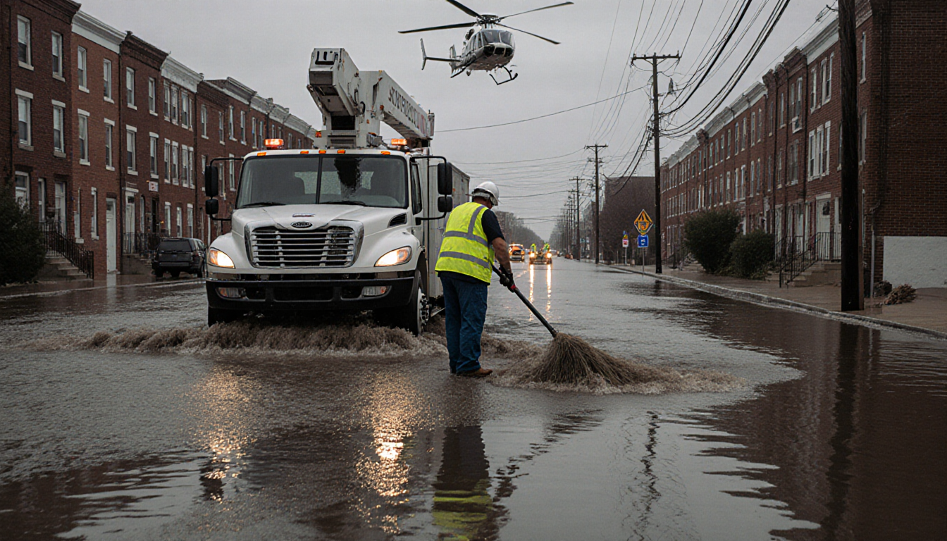 Utility crew clearing water from flooded roadway with municipal official and NBC10 chopper overhead