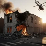 Helicopter flying over a partially collapsed vacant building with flames and debris scattered on the sidewalk.