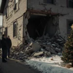 Concrete rubble spills onto snowy sidewalk with neighbors standing and a flickering Christmas tree amid the chaos