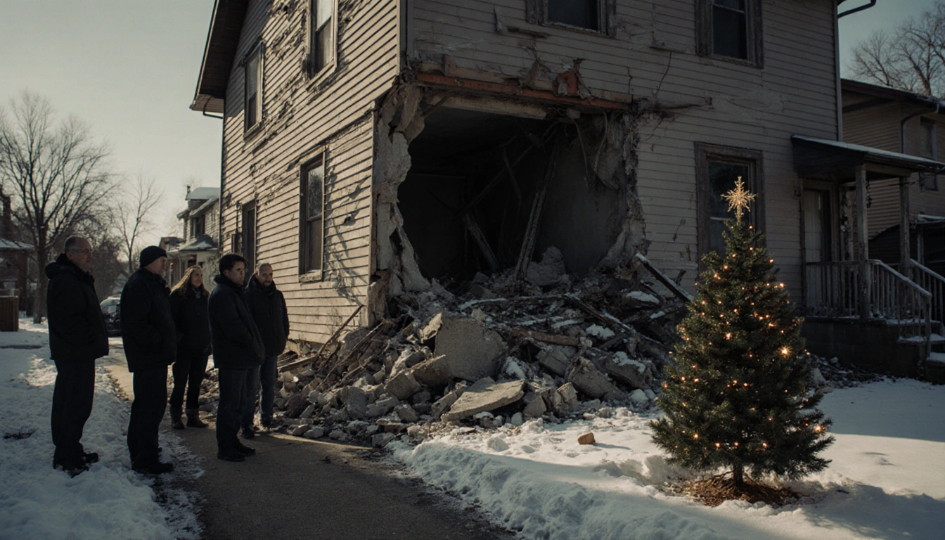 Concrete rubble spills onto snowy sidewalk with neighbors standing and a flickering Christmas tree amid the chaos