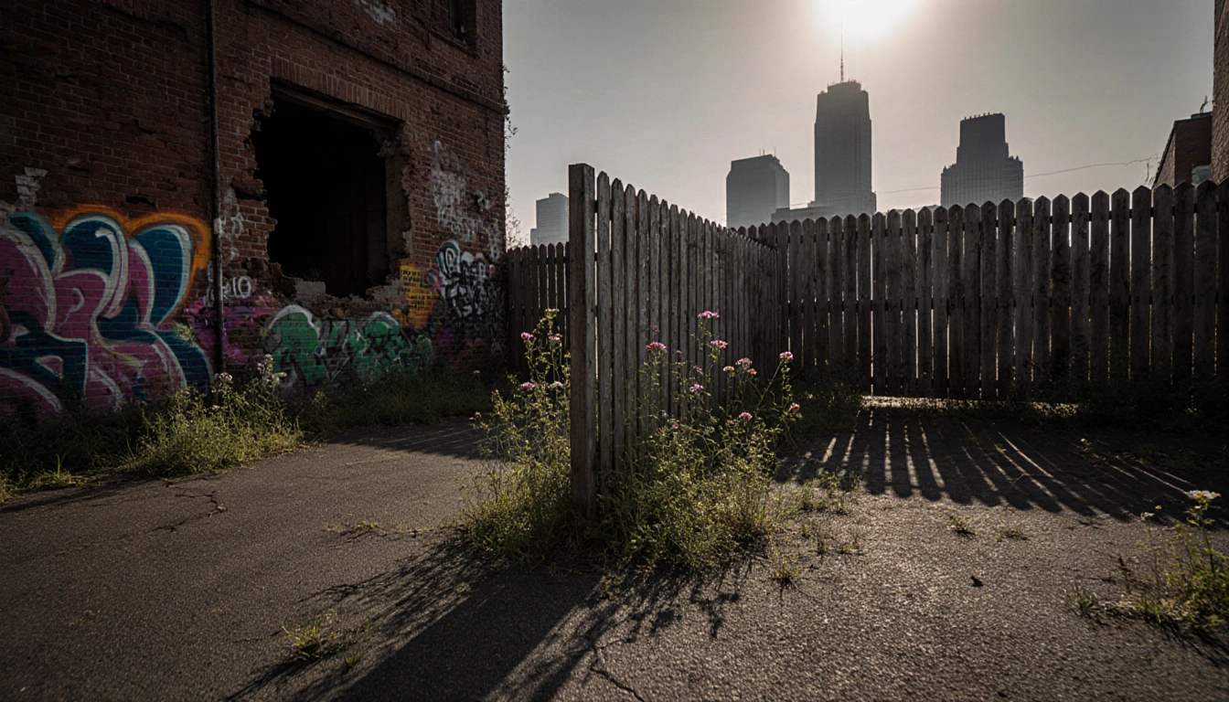 Weathered wooden fence stands amid overgrown weeds and wildflowers in a Philadelphia vacant lot with long shadows and distant