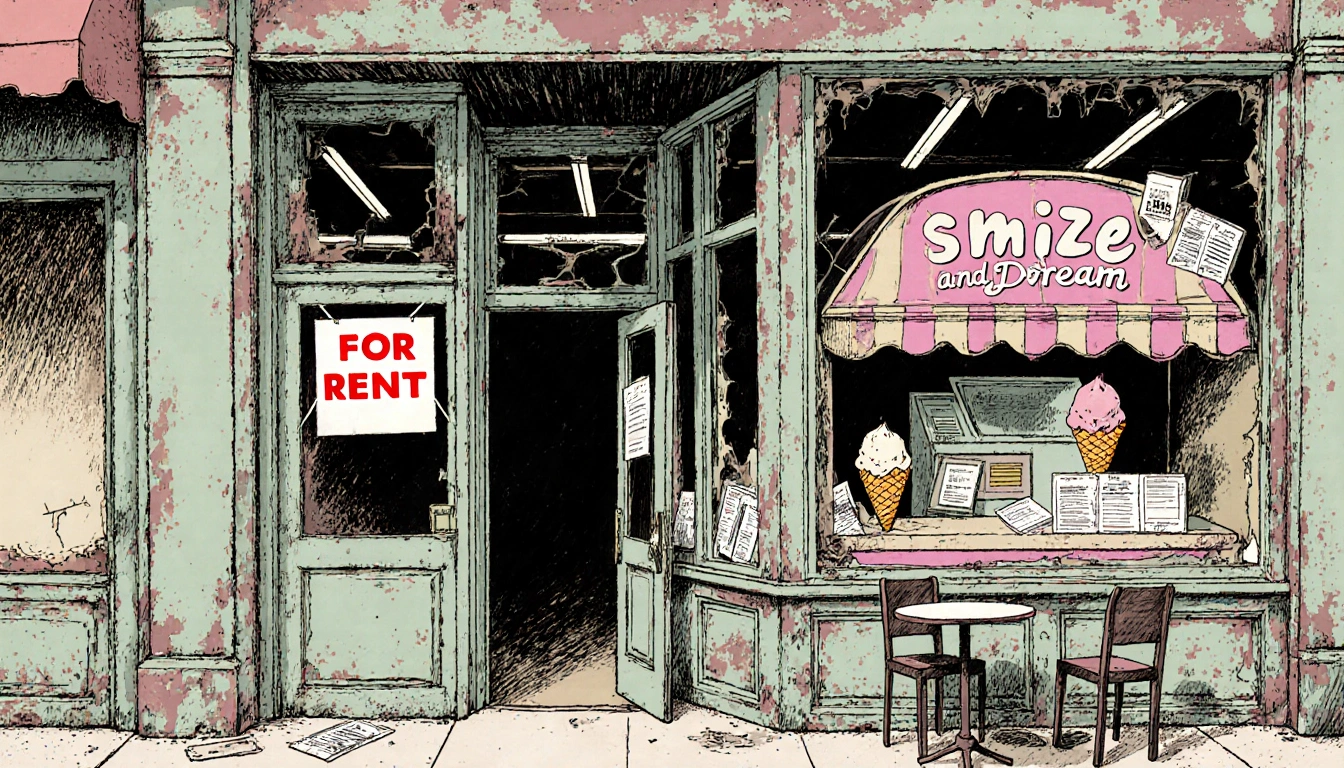 For Rent sign flickering with peeling walls and unpaid rent notices in a vacant Woodley Park storefront