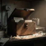 Cabinet sitting with lid ajar revealing dusty vaccine records and syringes with golden light on cluttered lab desk