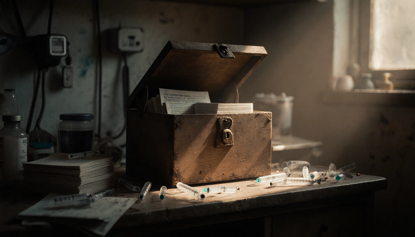 Cabinet sitting with lid ajar revealing dusty vaccine records and syringes with golden light on cluttered lab desk