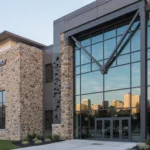 New career charter school building stands beside historic Valley Forge Military Academy with glass and skyline in windows.