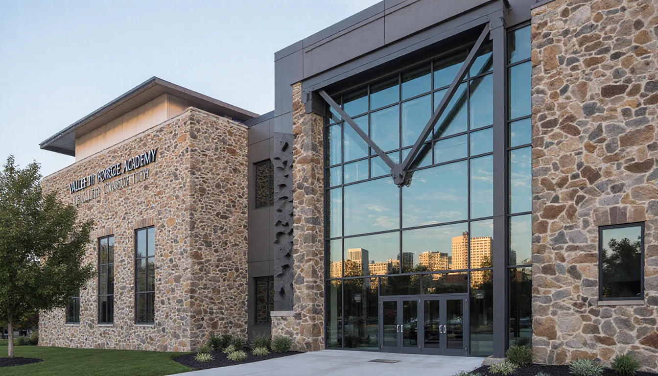 New career charter school building stands beside historic Valley Forge Military Academy with glass and skyline in windows.