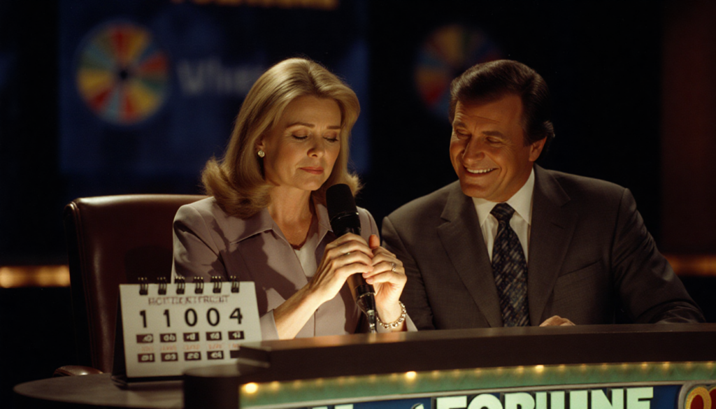 Vanna White sits beside empty Pat Sajak chair holding microphone with warm studio lights and calendar hinting retirement.