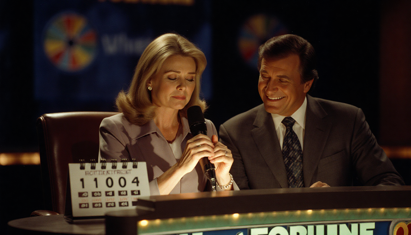 Vanna White sits beside empty Pat Sajak chair holding microphone with warm studio lights and calendar hinting retirement.