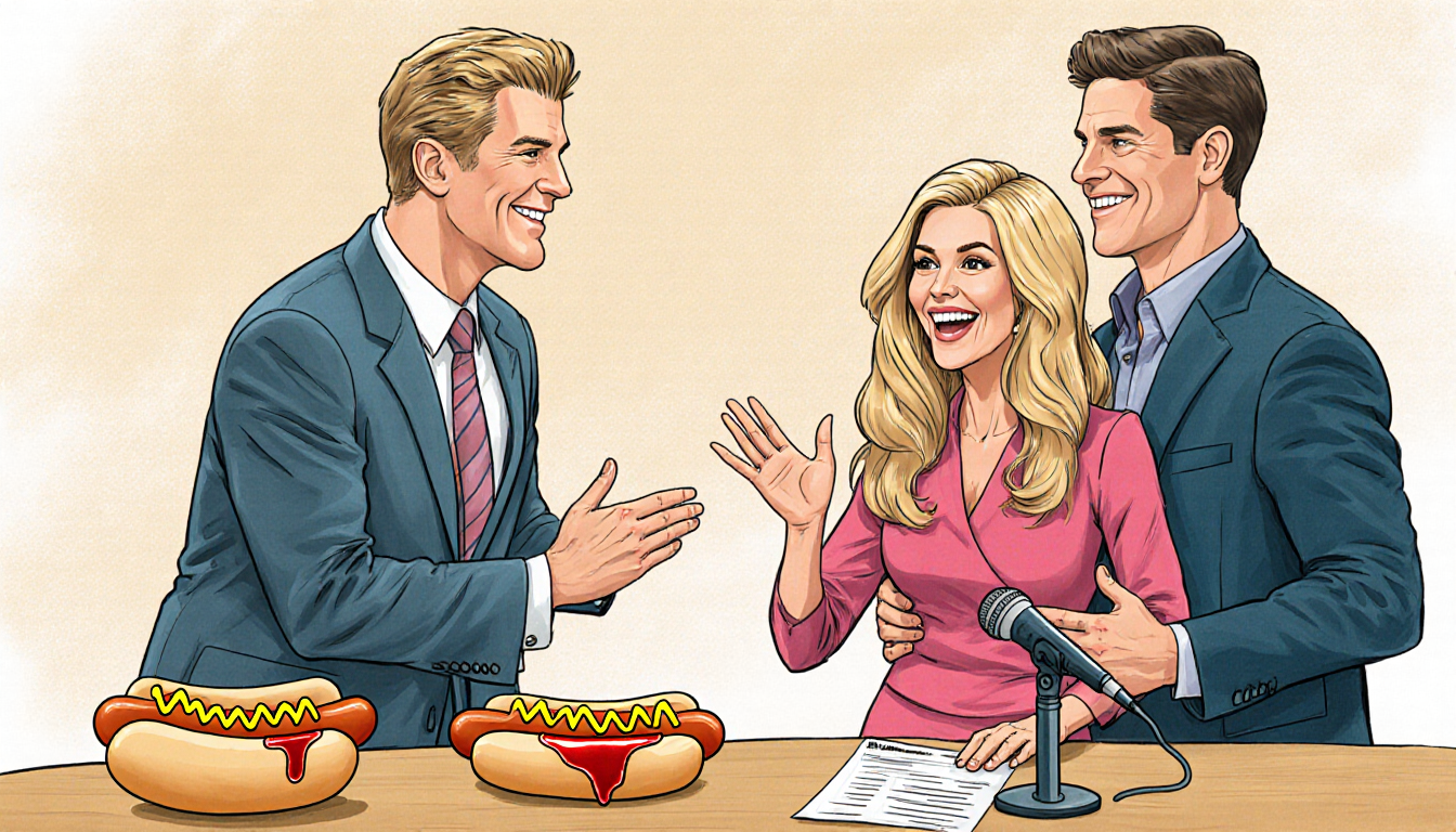 Vanna White smiles and gestures toward Ryan Seacrest on the Wheel of Fortune set with a ketchup‑stained hot dog prop.