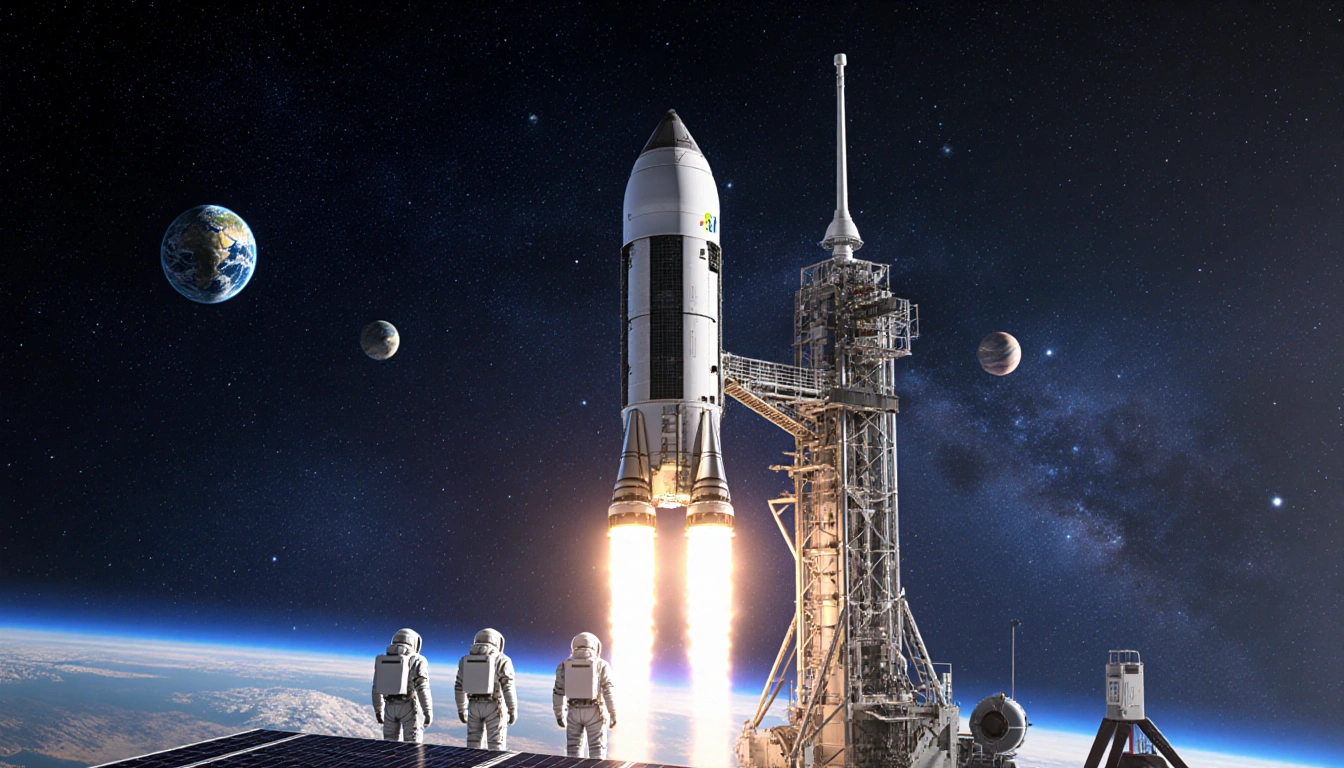 Astronauts standing on the space station's exterior looking at Earth with stars and a vibrant color palette