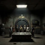 Contestants standing around makeshift control panel with flickering overhead light and looming Vault 13 door.