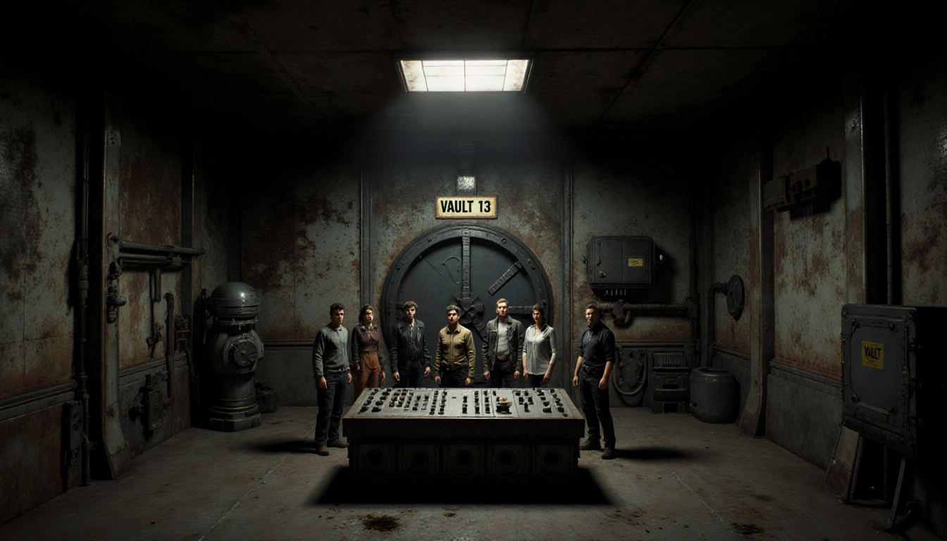 Contestants standing around makeshift control panel with flickering overhead light and looming Vault 13 door.