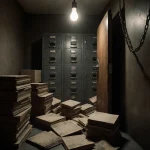 Wooden door opening to reveal treasure trove of dusty files with flickering bulb overhead in cramped Justice Department offic