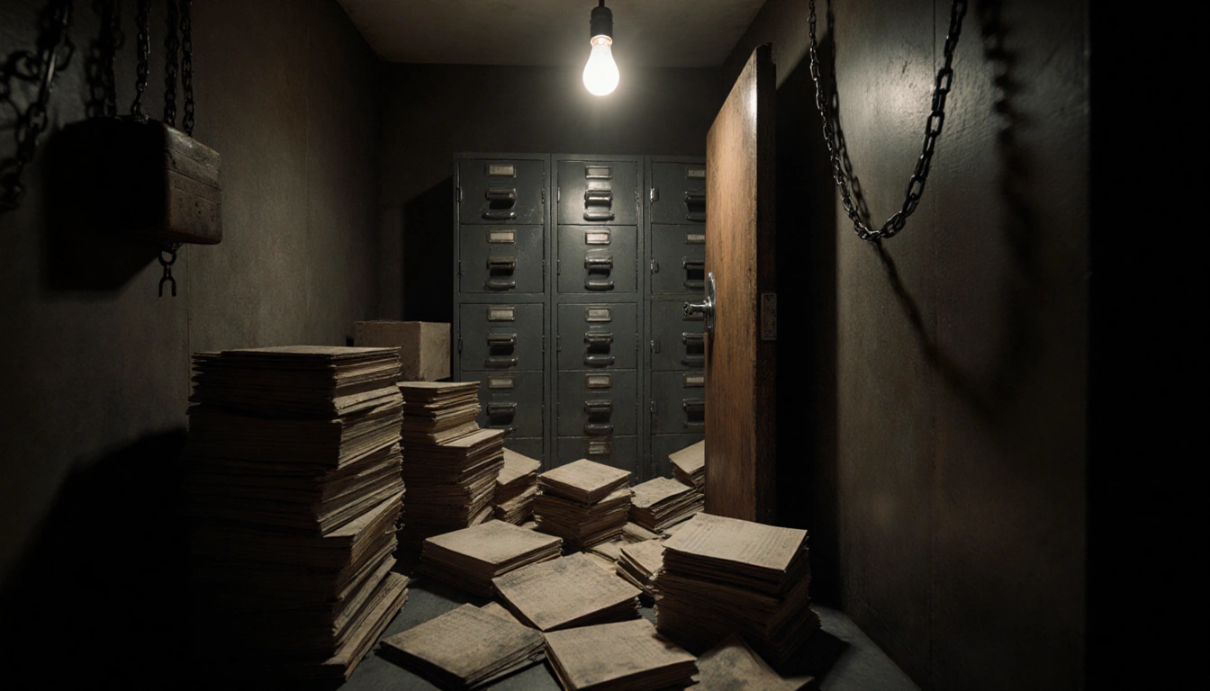 Wooden door opening to reveal treasure trove of dusty files with flickering bulb overhead in cramped Justice Department offic