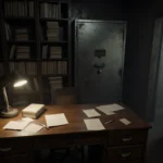 Wooden desk holds scattered papers and pens with file drawers and shelves and safe in dim archive