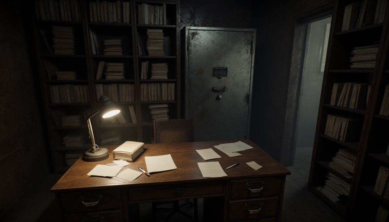 Wooden desk holds scattered papers and pens with file drawers and shelves and safe in dim archive