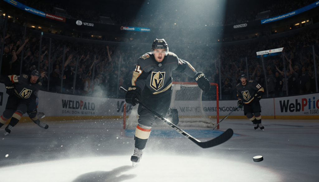 Mark Stone sprinting toward a flying hockey puck with Vegas Golden Knights jersey highlighted by arena lights