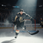 Mark Stone sprinting toward a flying hockey puck with Vegas Golden Knights jersey highlighted by arena lights