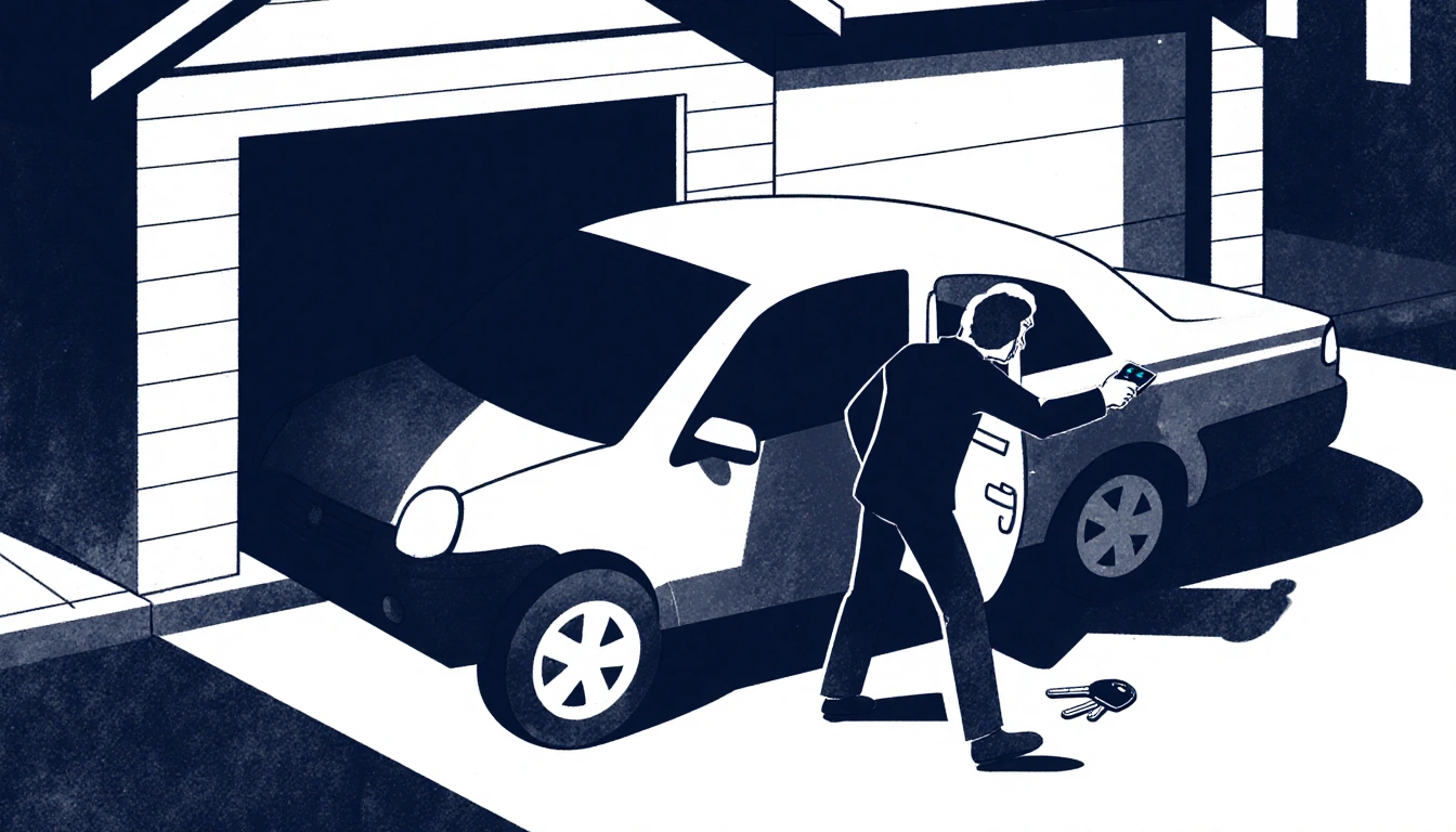 Suspect enters unlocked vehicle with garage door ajar and key fob on ground near mirror