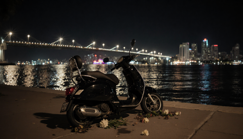 Scooter lying on its side with twisted metal frame and faint streetlight halo on the Venetian Causeway with neon glow
