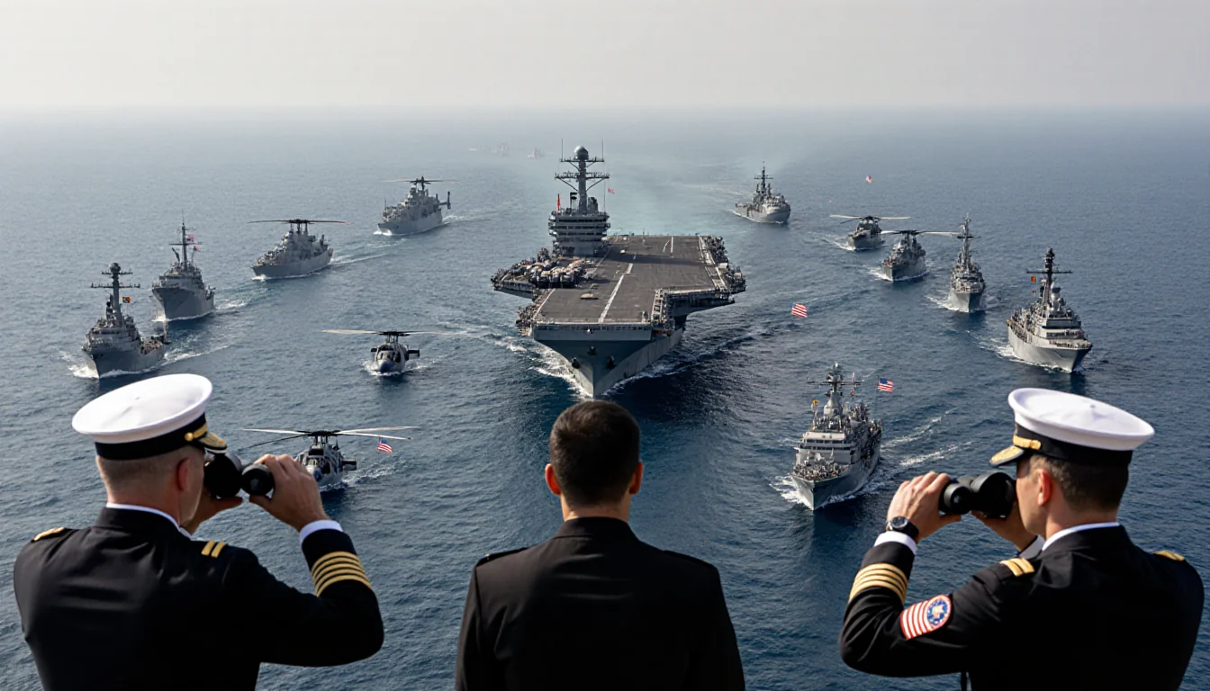 US Navy personnel observe aircraft carrier with surrounding ships and aircraft in calm waters