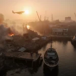 Damaged dock crumbling with scattered debris and smoldering boats under a smoky dusk sky hinting at U.S. military presence.