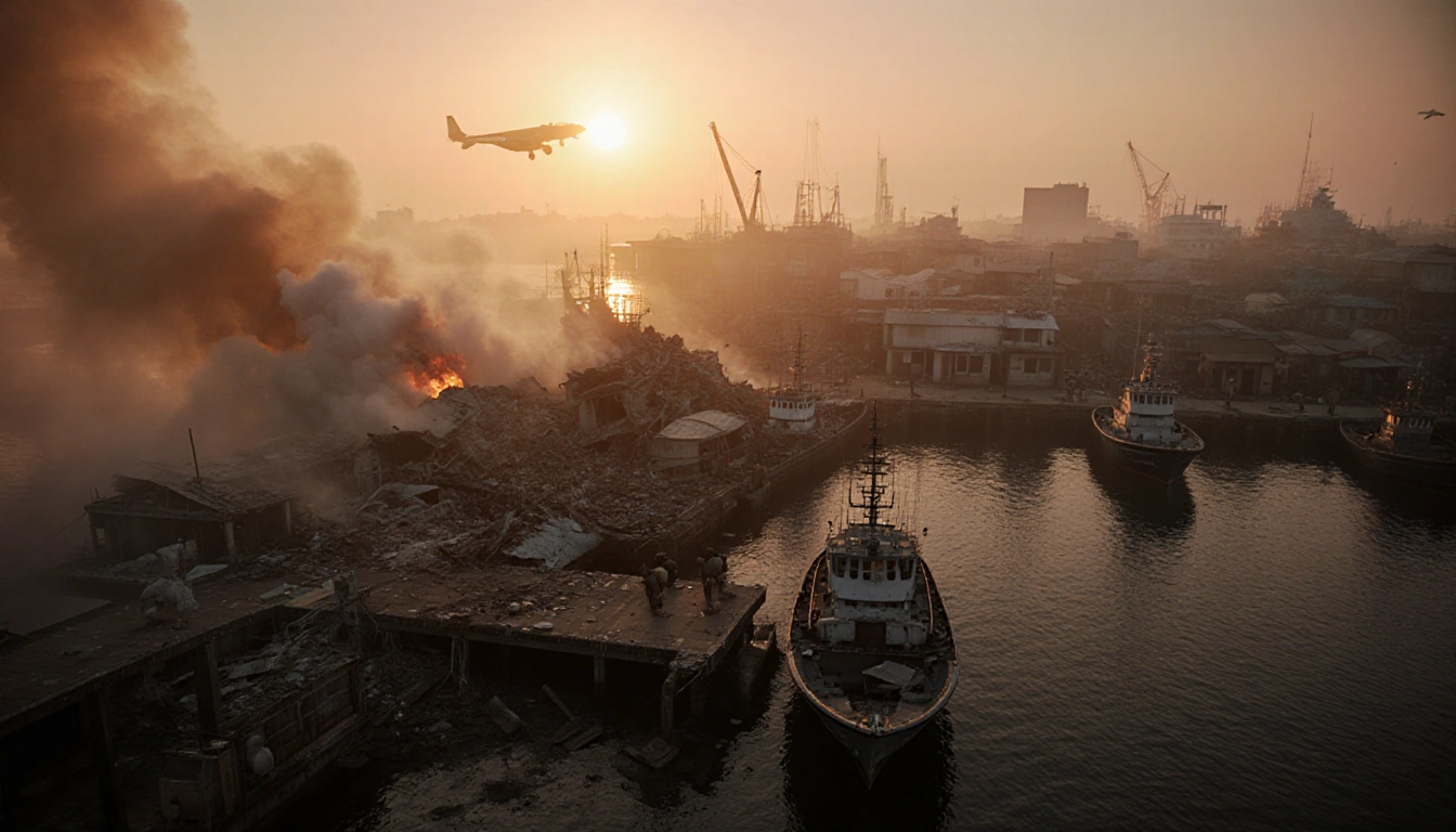 Damaged dock crumbling with scattered debris and smoldering boats under a smoky dusk sky hinting at U.S. military presence.