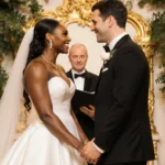 Venus Williams and Andrea Preti standing together at wedding altar with greenery and Renaissance decor in golden light