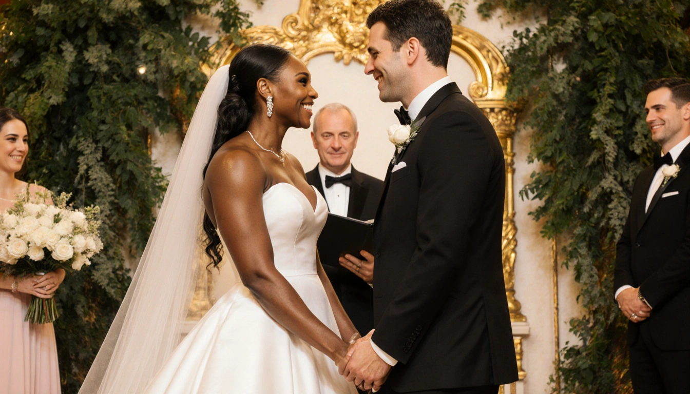 Venus Williams and Andrea Preti standing together at wedding altar with greenery and Renaissance decor in golden light