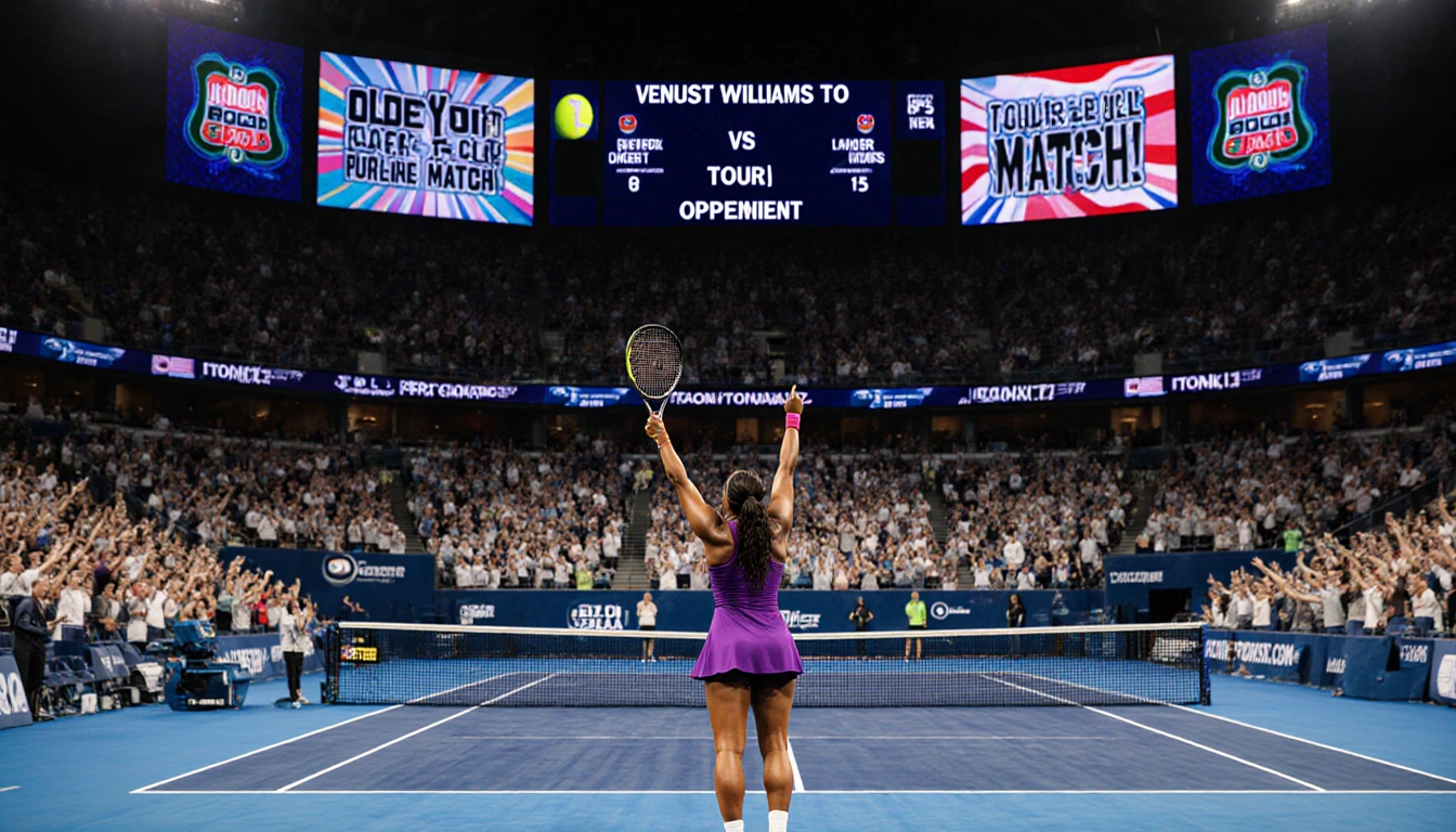 Venus Williams stands triumphantly with racket high in a tennis stadium banner shows Oldest Player scoreboard displays score