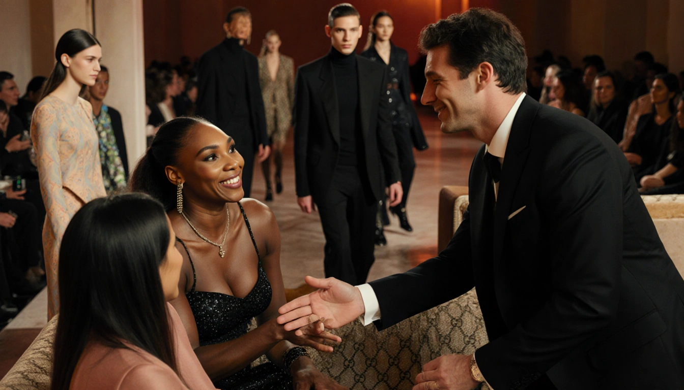 Andrea Preti extends hand to Venus Williams on sofa with Gucci show Milan Fashion Week and models walking runway.