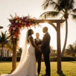 Venus Williams and Andrea Preti exchanging vows with golden hour light and a wooden arch beside a Palm Beach palm tree.