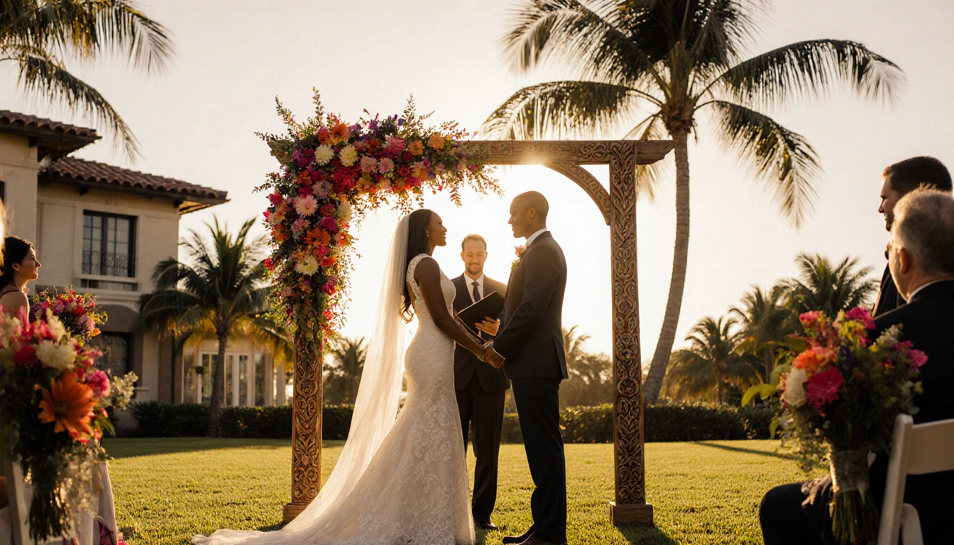 Venus Williams and Andrea Preti exchanging vows with golden hour light and a wooden arch beside a Palm Beach palm tree.