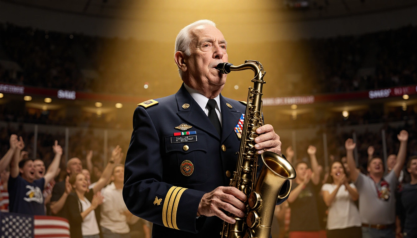 104-year-old Army veteran raising his sax with medals shining on a lit stage amid a NHL crowd.