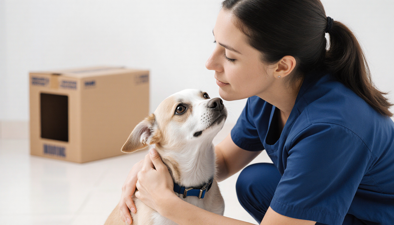 Veterinary staff member kneels beside Tangi rescued small dog with her head on staff hand and box hint in background.