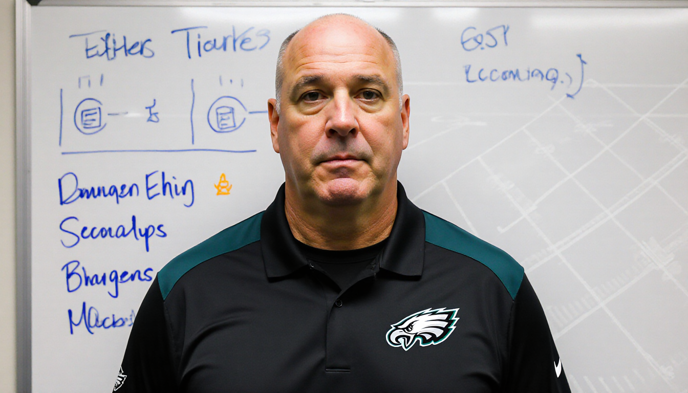 Vic Fangio standing in front of a whiteboard with defensive game plan notes and Chargers matchups Blankenship Epps discuss