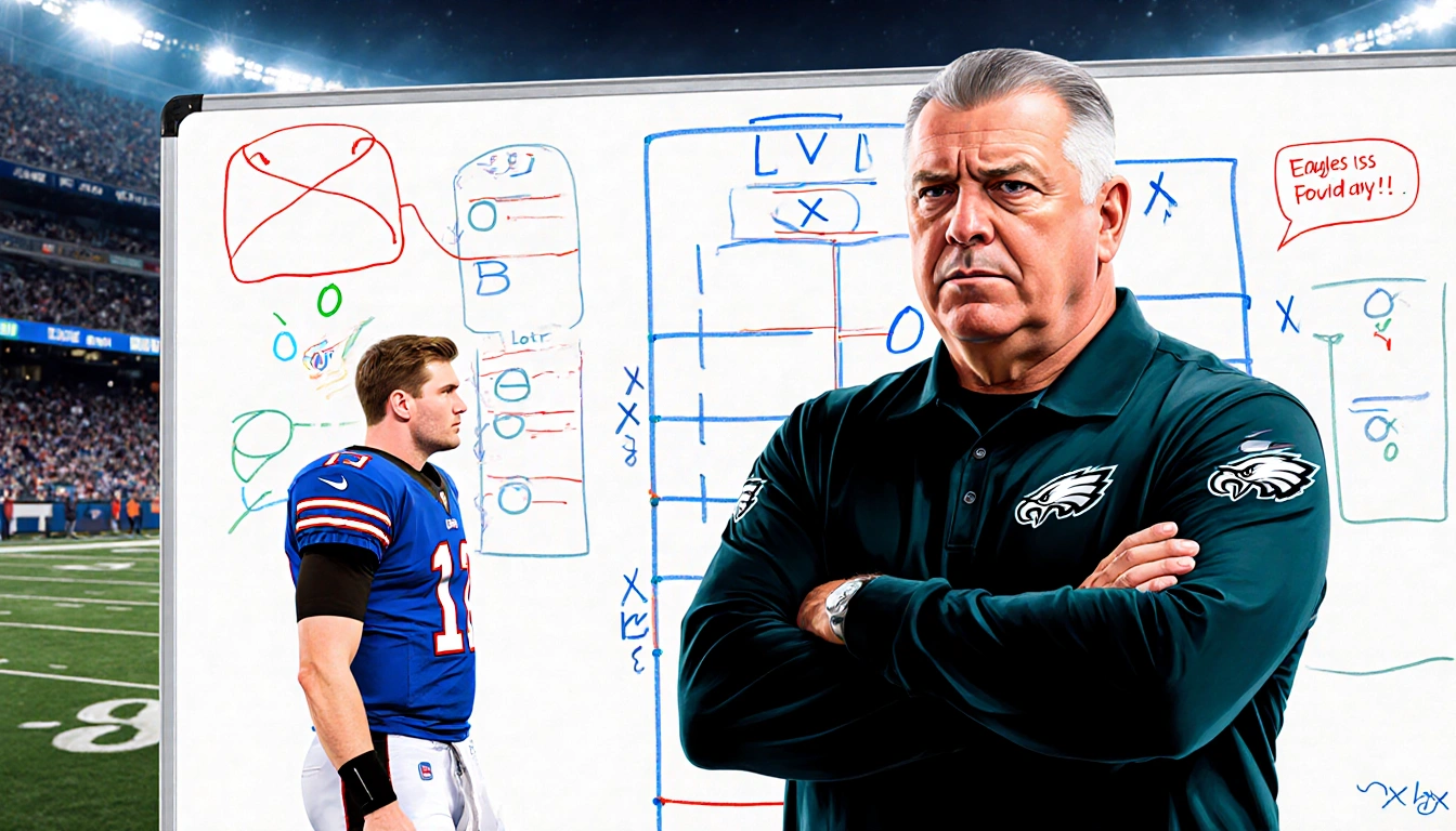 Vic Fangio standing confidently as defensive coordinator with whiteboard of X's and O's and Josh Allen watching