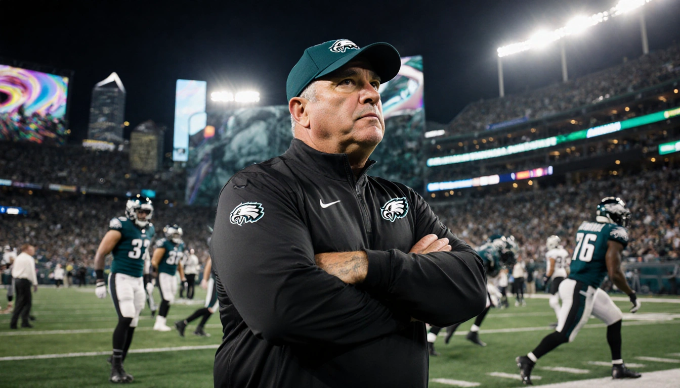 Vic Fangio stands on Eagles sideline with arms crossed and stadium lights shining on his focused face
