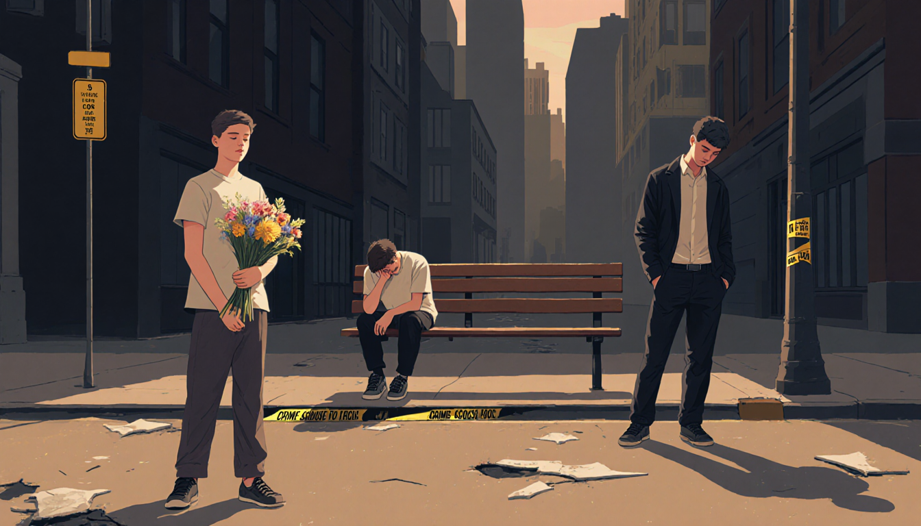 16-year-old holding bouquet with muted urban backdrop and crime scene tape and broken pavement