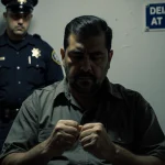 Victor Acurio Suarez 52-year-old sits in dim ICE cell with harsh lighting and blurred border patrol uniform in background