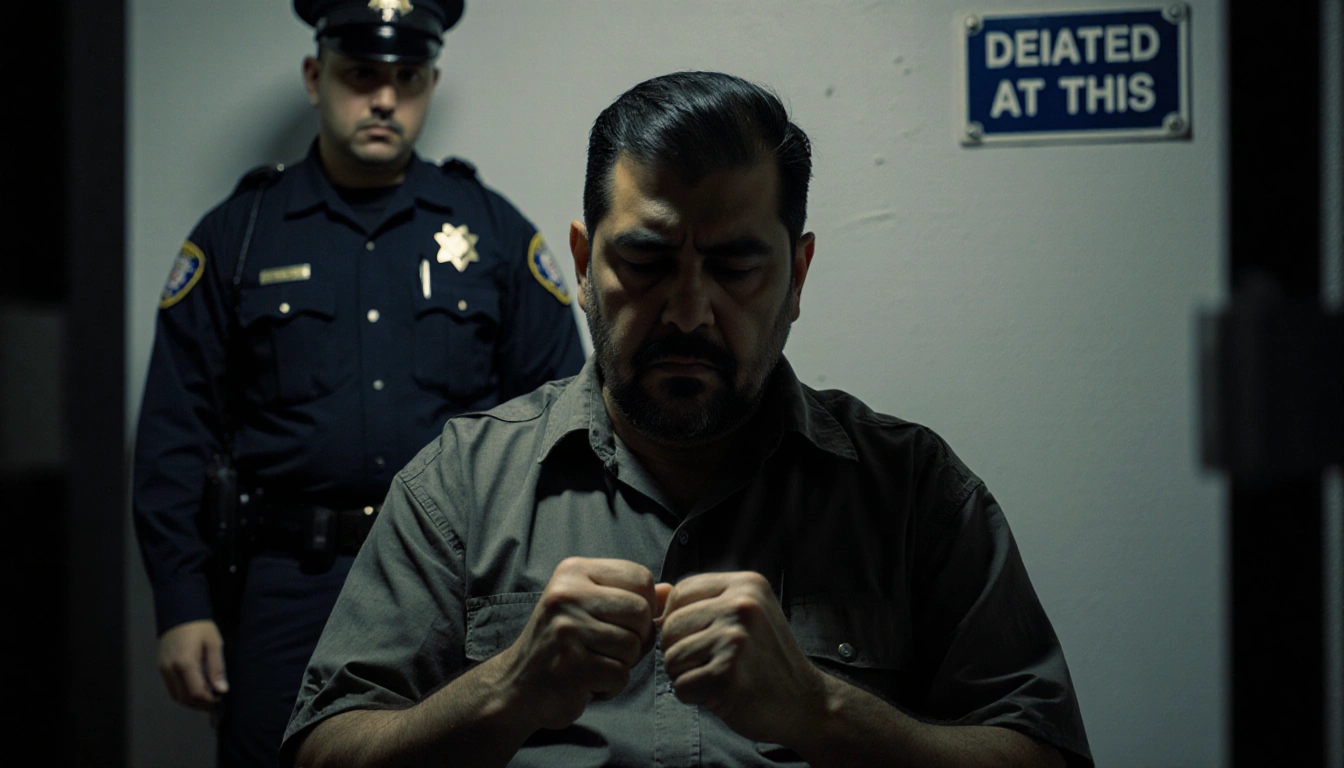 Victor Acurio Suarez 52-year-old sits in dim ICE cell with harsh lighting and blurred border patrol uniform in background