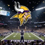 J.J. McCarthy raising arms with Vikings logo above the field and confetti swirling over a cheering crowd.