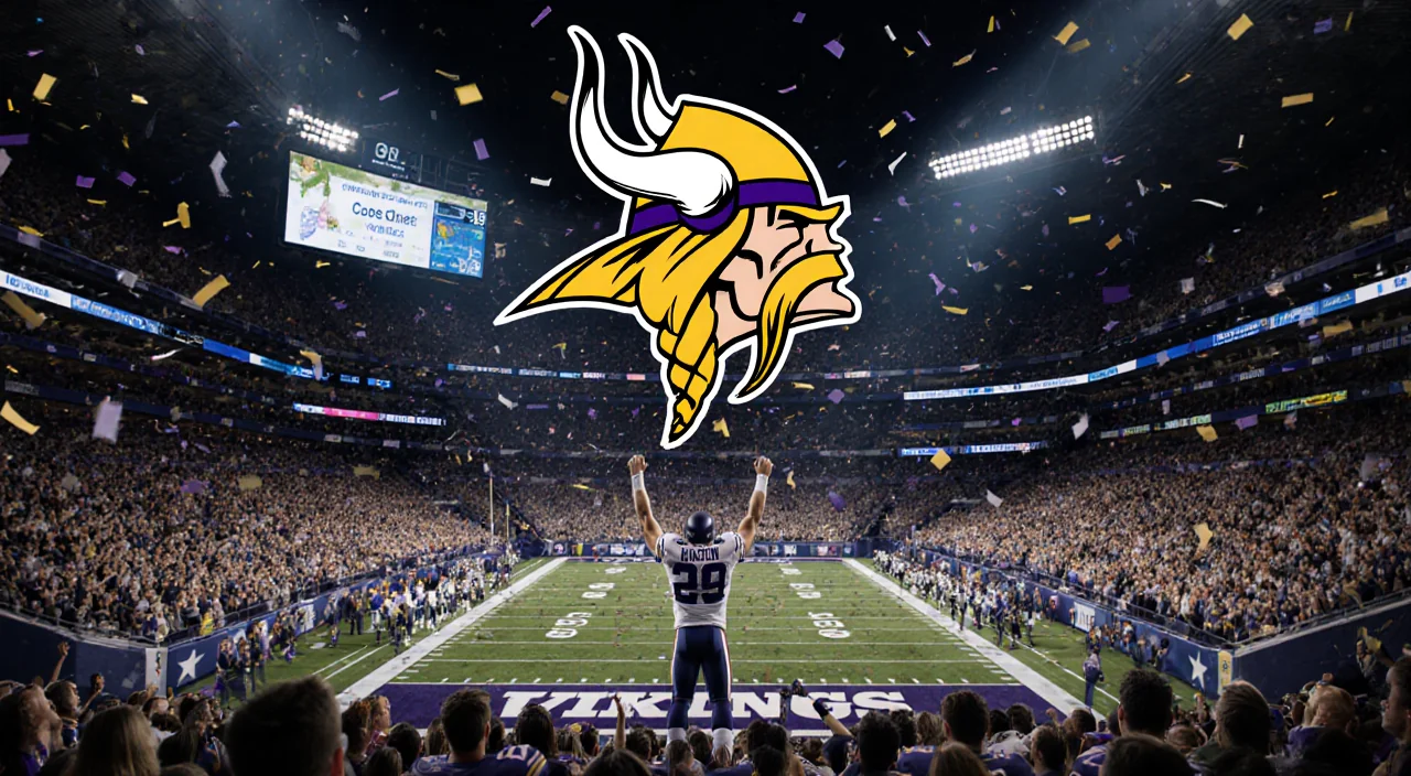 J.J. McCarthy raising arms with Vikings logo above the field and confetti swirling over a cheering crowd.