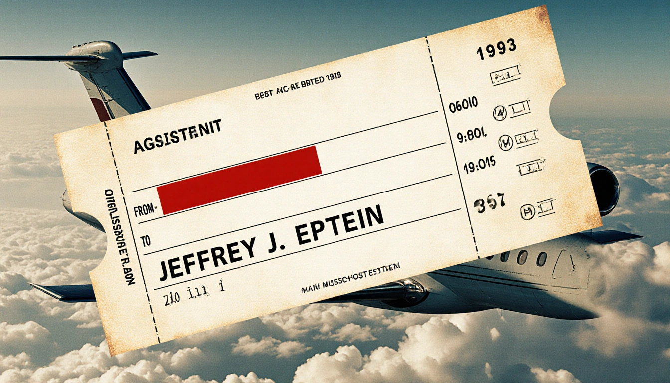 Ticket stub overlaying faded private jet photo with redacted name and Donald J. Trump dated 1993